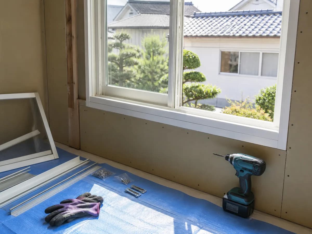 窓施工の工具とサッシ部材