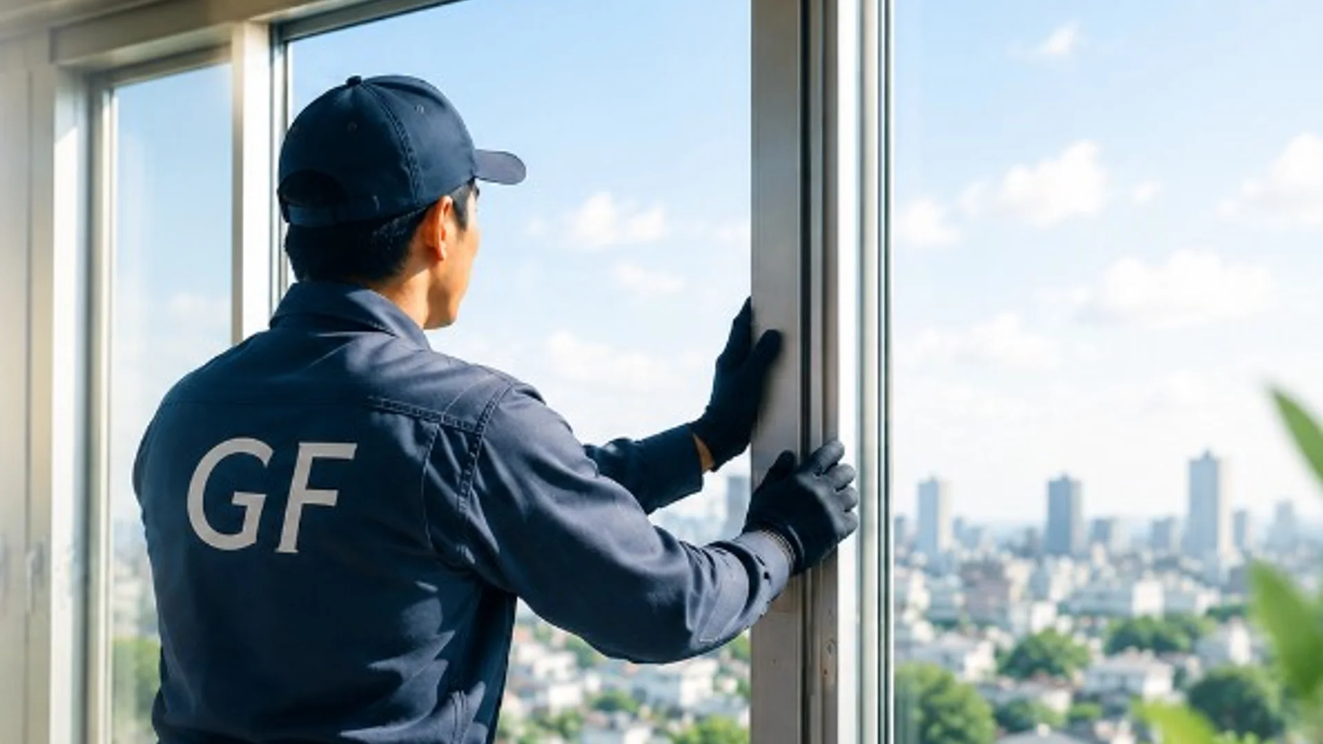 窓の施工現場で作業する職人(後ろ姿)